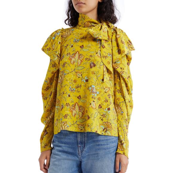 Ulla Johnson 100% Silk Yellow Floral Brea Tie Neck Blouse Size 8 - Picture 2 of 8
